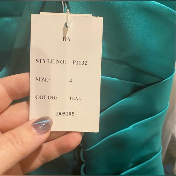 Beautifully Modest teal satin lace-up gown - Picture 6 of 8